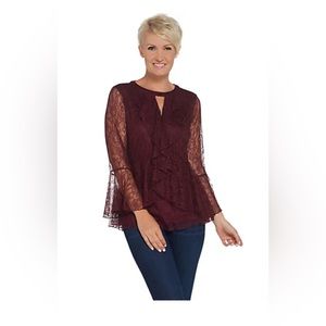 Isaac Mizrahi Live! Chantilly Lace Ruffle Top w/ Keyhole Neck Maroon Size 10